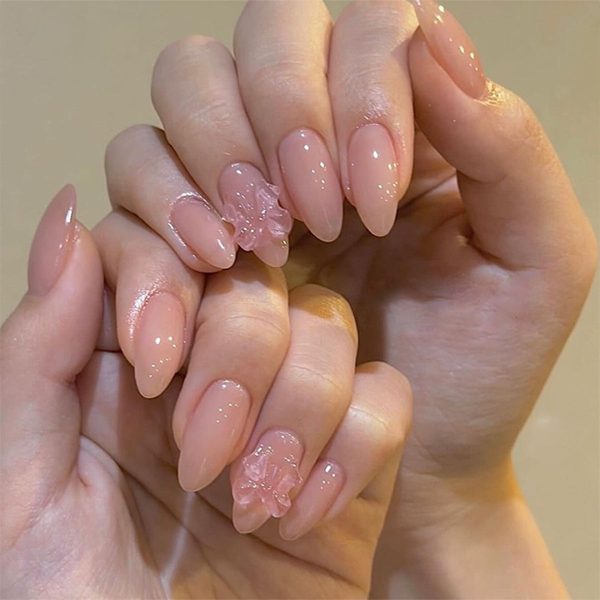 3D Nude Pink Bow Medium Nails